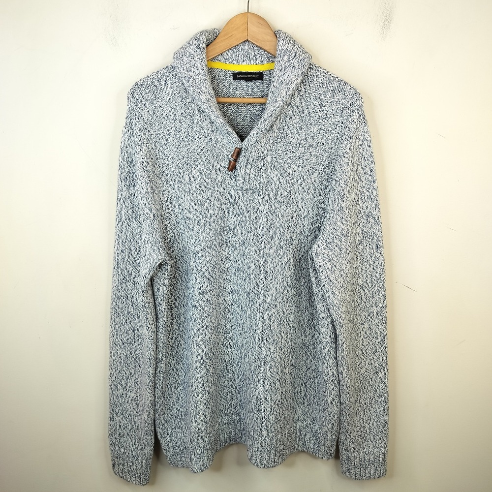 Banana Republic Sweater XL Tall Mens Toggle Shawl Collar Marled Cotton Blue